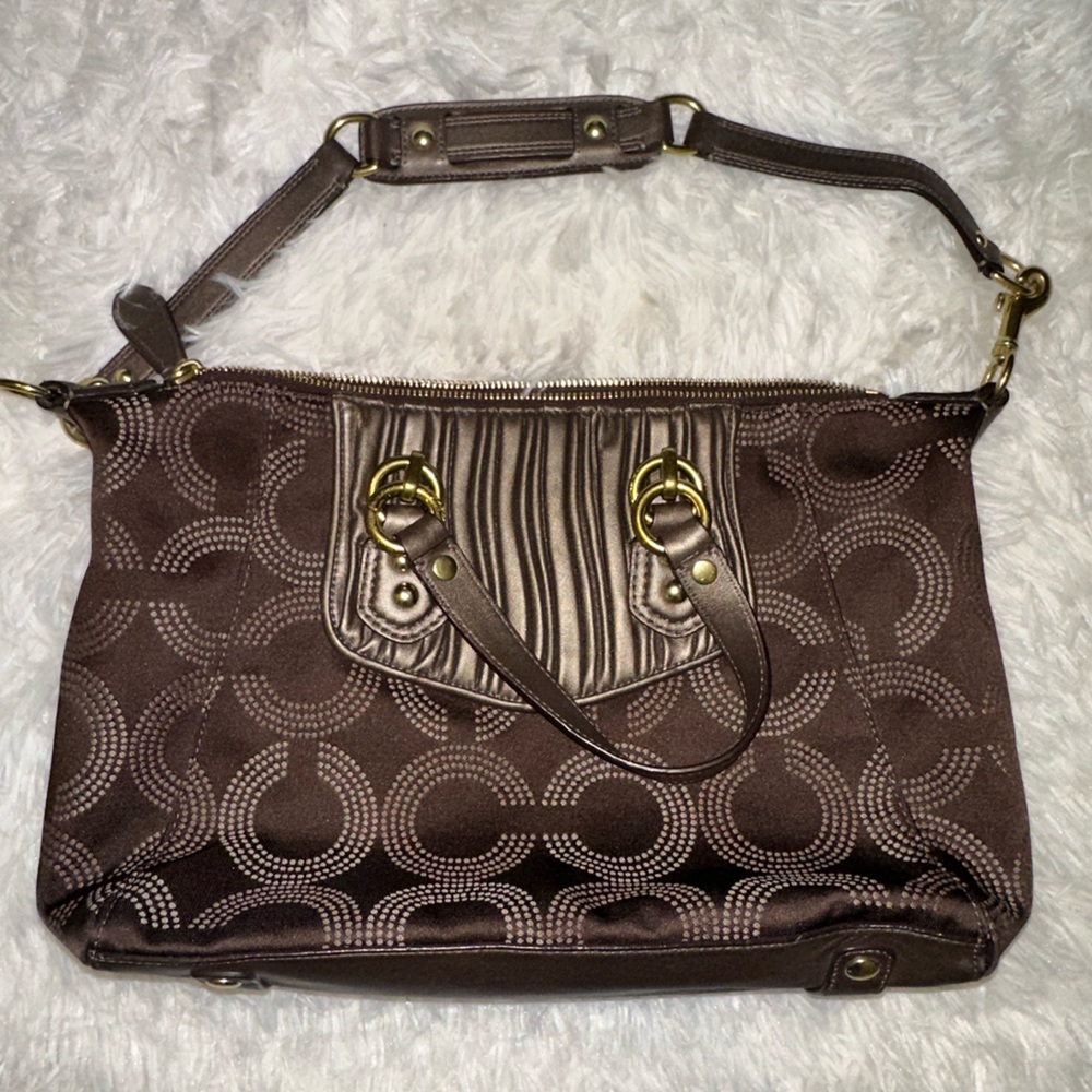 Coach Signature Ashley Gathered Dotted Op Art Brown Bronze Shoulder Bag New - Picture 2 of 5